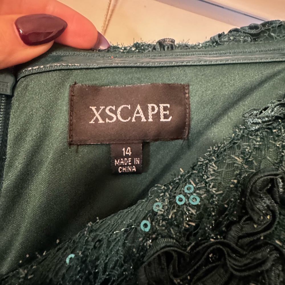 Xscape Dark Green Off-Shoulder Sequin Lace Maxi Dress - Picture 2 of 10